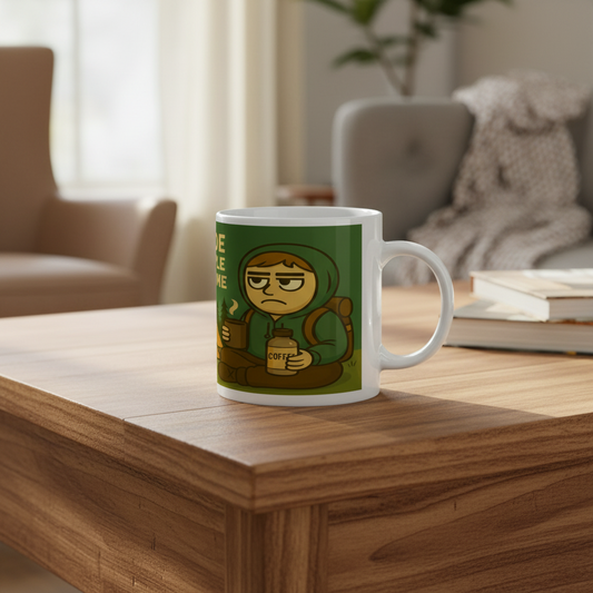 Mug with a cartoon character holding a coffee cup on a wooden table in a cozy room.