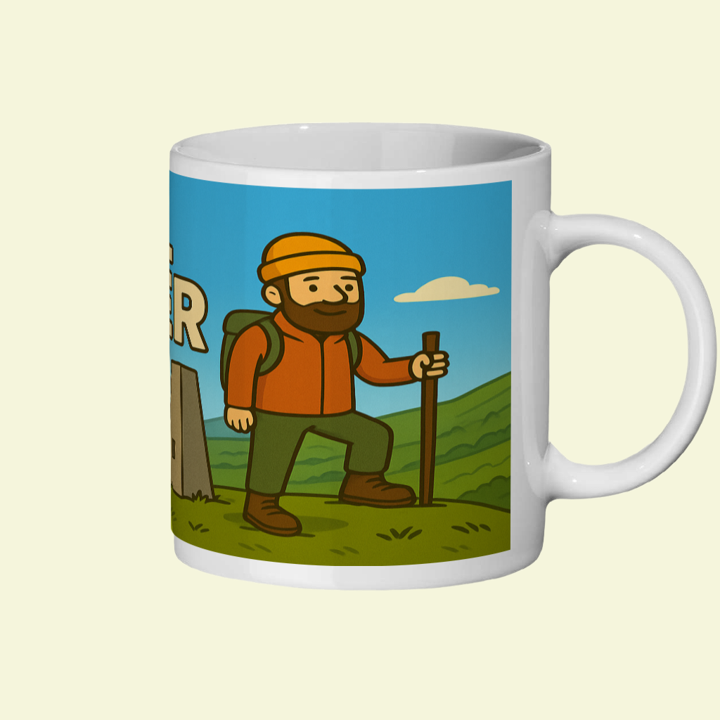 Mug with a cartoon hiker design on a white background