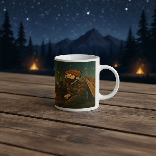 Mug with a camping illustration on a wooden table