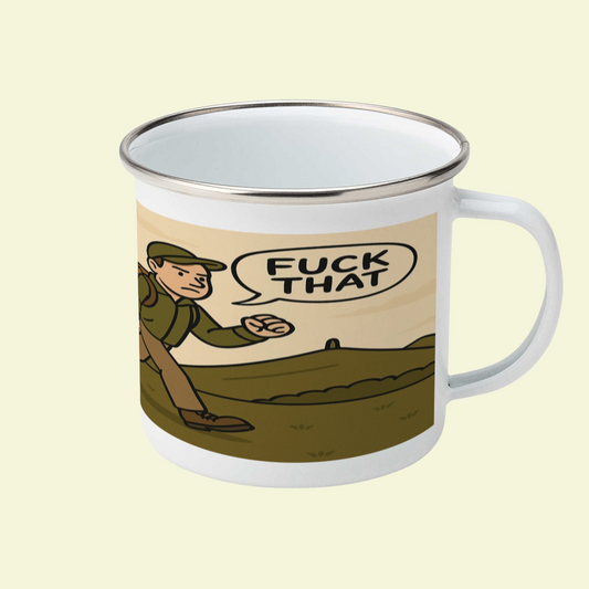 White enamel mug with silver rim for lads who love peace