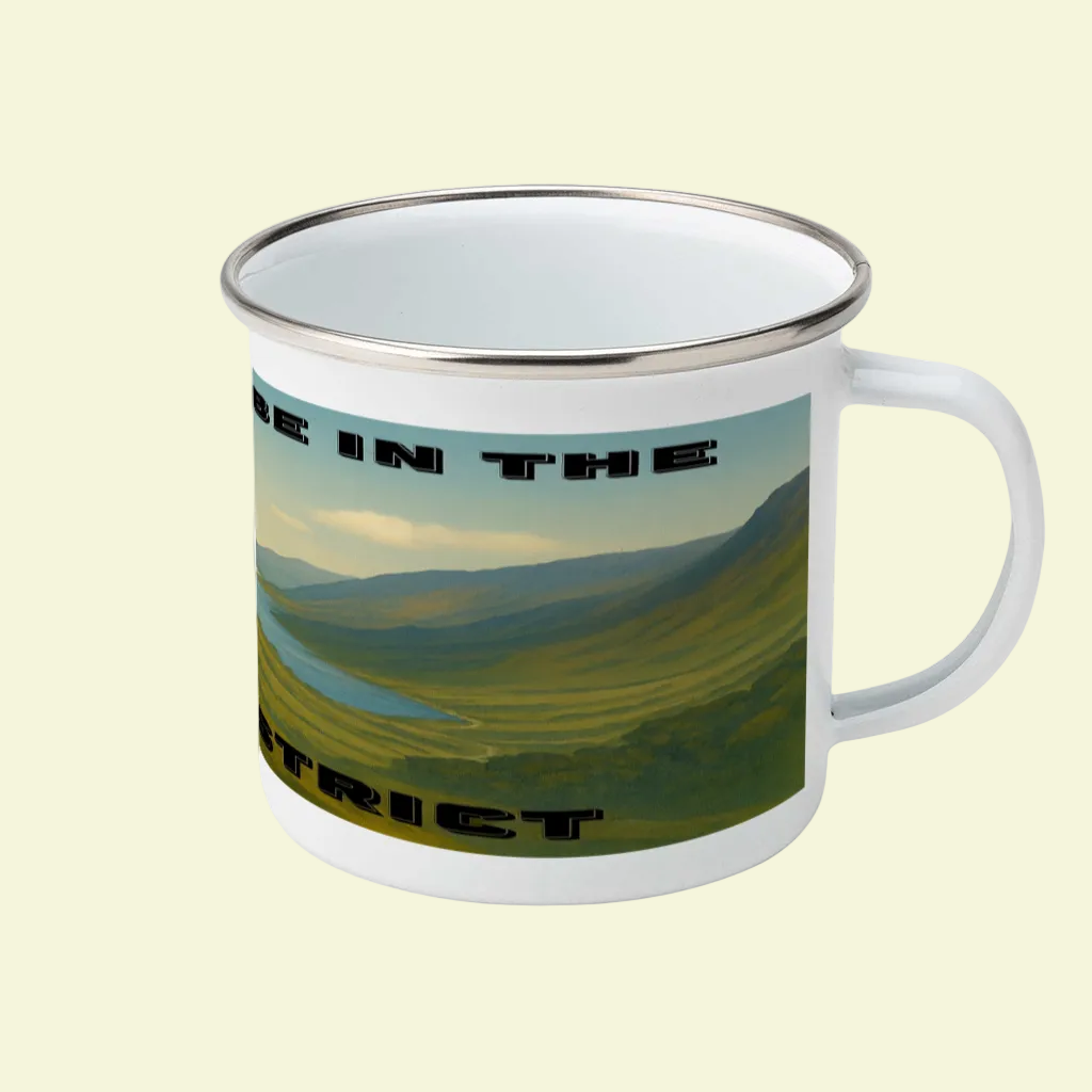 White enamel camping mug with silver rim and Lake District landscape design.