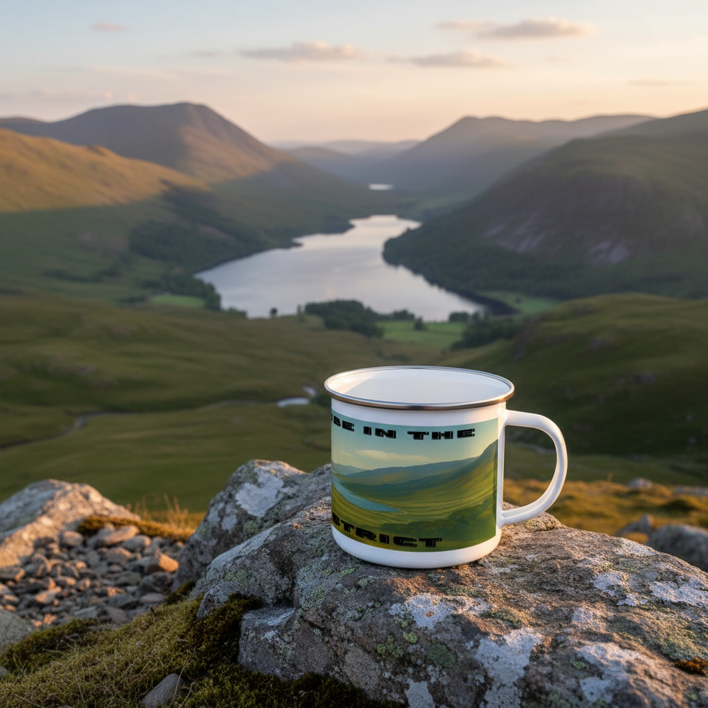 White enamel mug with Lake District landscape design, placed on a rock overlooking a valley and lake at sunset.