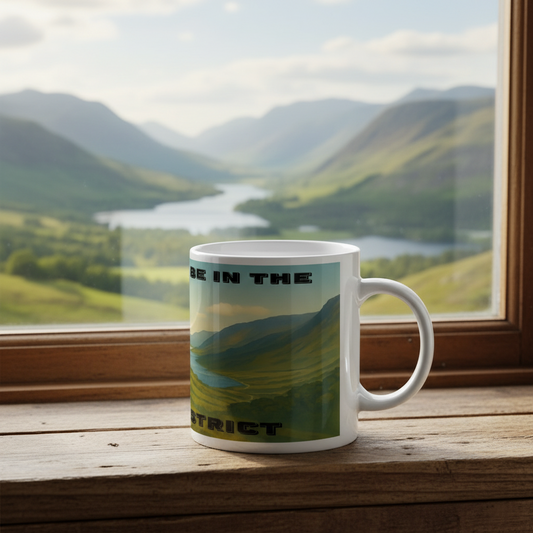 White ceramic mug with Lake District landscape and text “I’d Rather Be in the Lake District”.