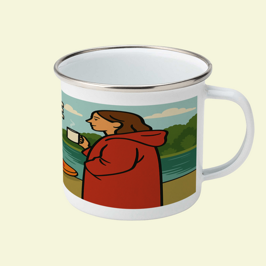 Mug with a design of a person in a red coat holding a cup against a scenic background