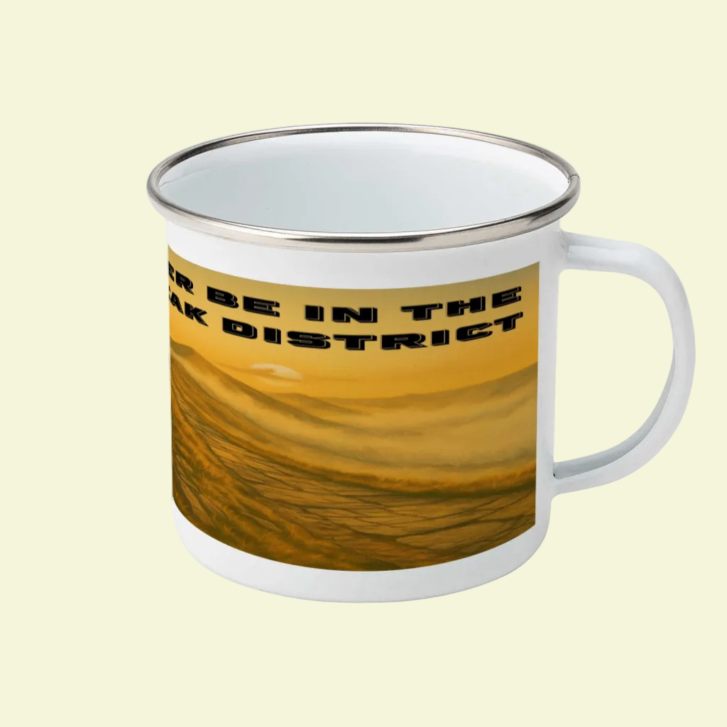 White enamel camping mug with black rim and sunset landscape design, text "I'd Rather Be in the Peak District".