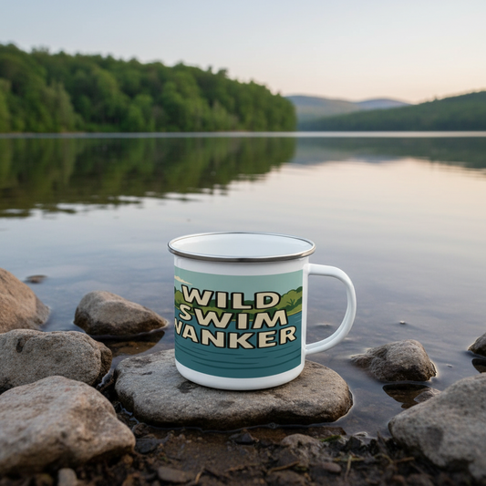 Wild Swim Wanker Enamel Mug for Him – Funny Outdoor Swimming Gift