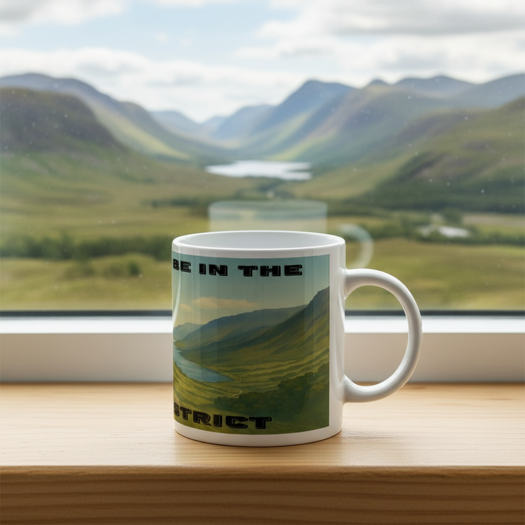 White ceramic mug with green and blue Lake District landscape and black text on window ledge.