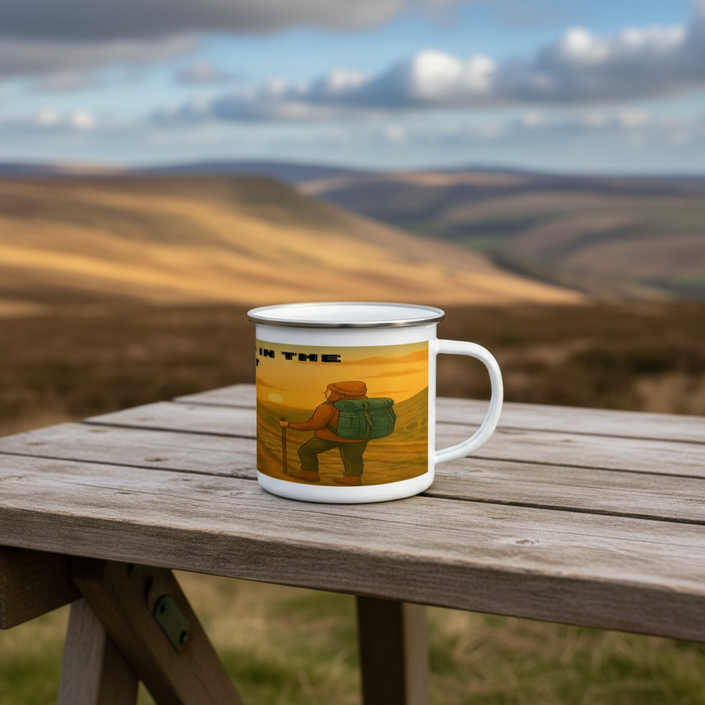 White enamel mug with hiker and "I'd Rather Be in the Peak District" text on wooden table outdoors.
