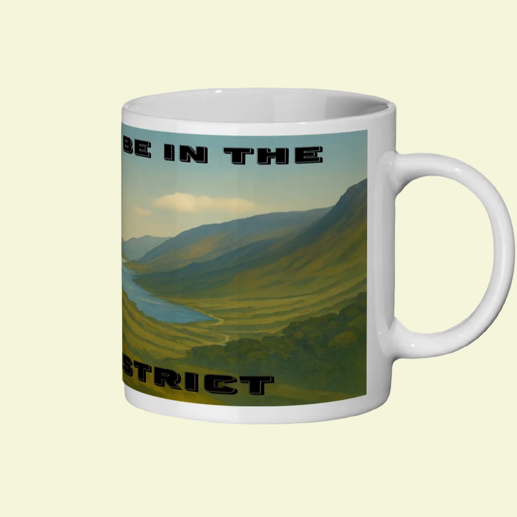 White ceramic mug with scenic Lake District valley and bold black text "I'd Rather Be in the Lake District".