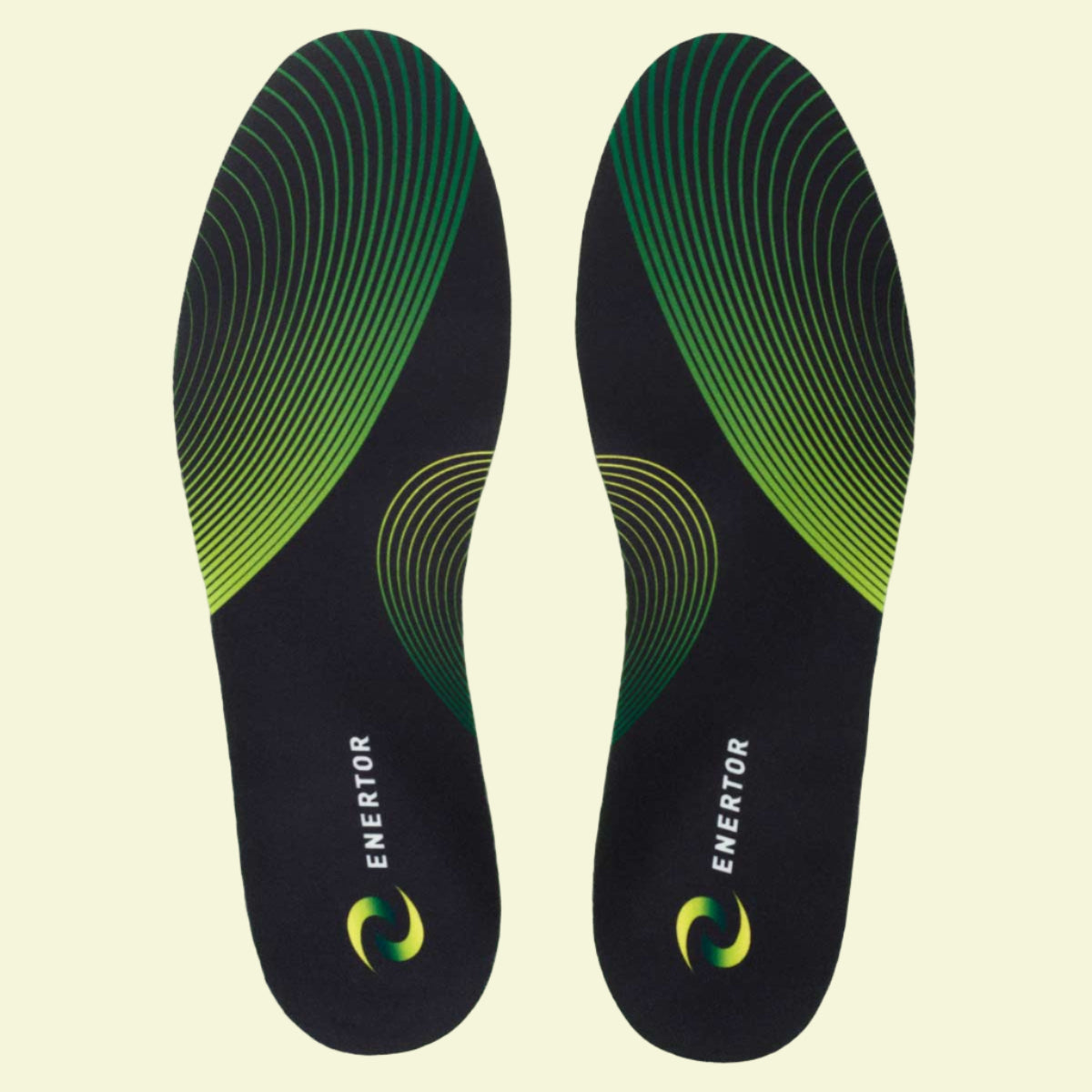 Pair of black and green shoe insoles with 'Enerutor' branding on a white background