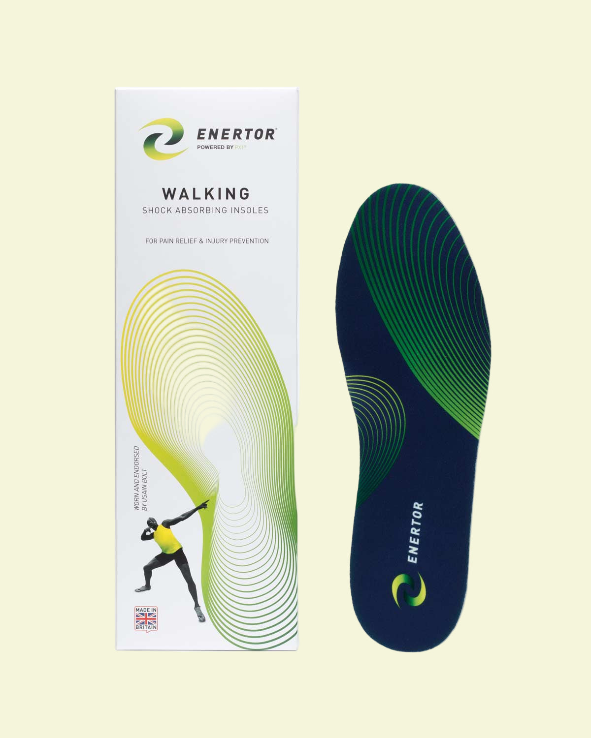 Enertor walking shoe insole with packaging on a white background