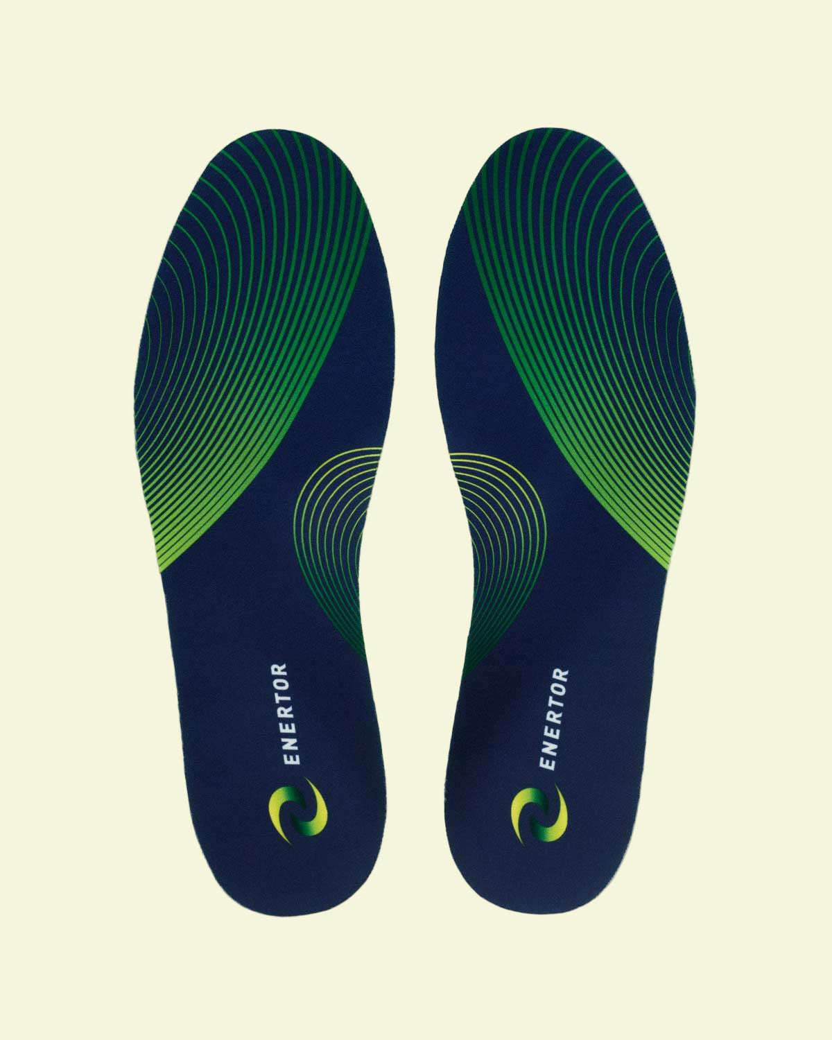 Pair of blue and green shoe insoles with 'Enerator' branding on a white background