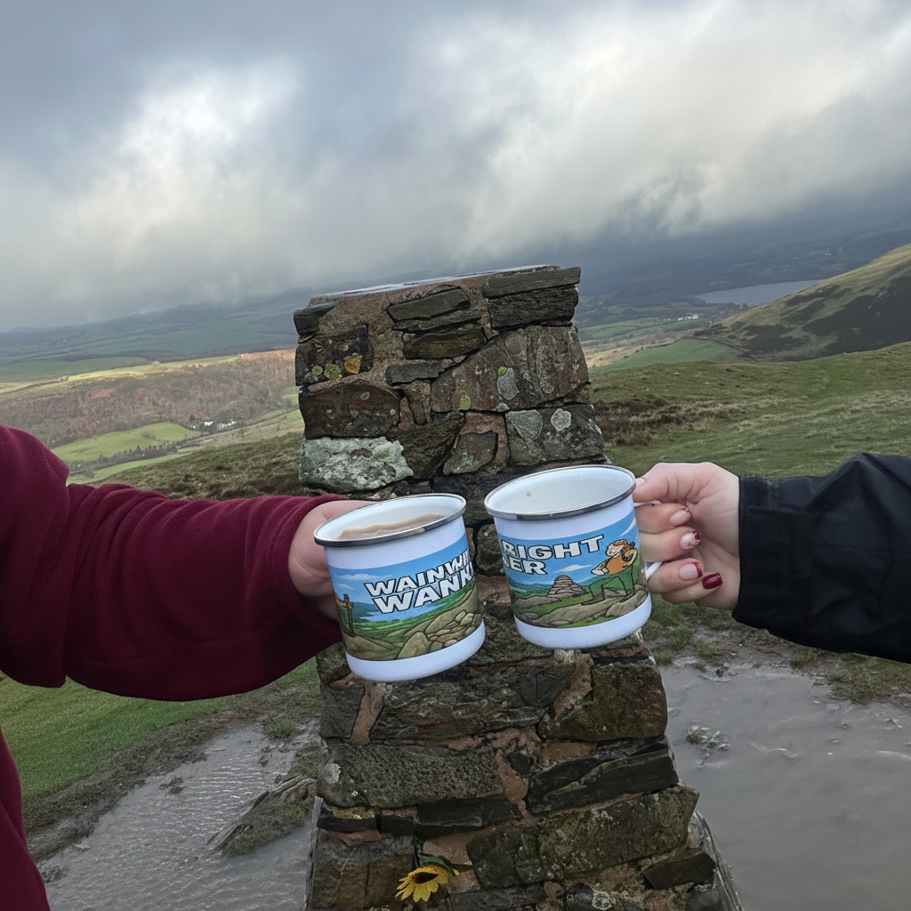 White enamel mugs with blue Wainwright Wanker text and Lake District landscape design, held outdoors against a cloudy sky.