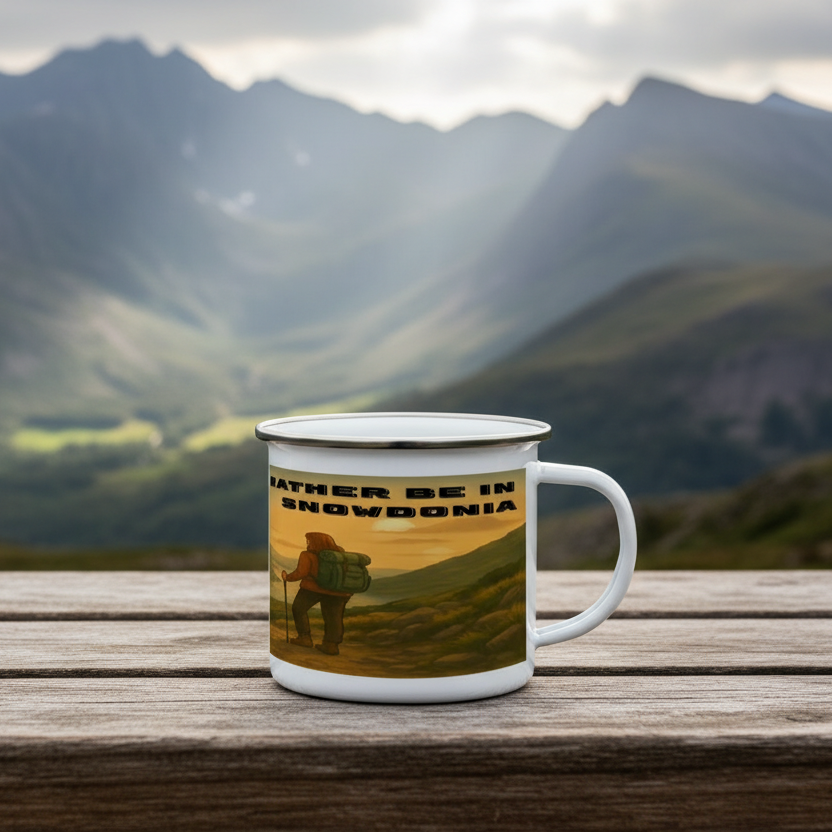 White enamel camping mug with a hiker silhouette and "I'd Rather Be in Snowdonia" text on a sunset mountain background.
