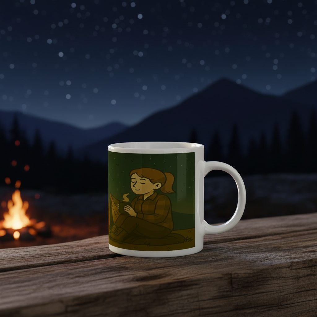 Mug with a graphic design of a person holding a book on a kitchen counter.