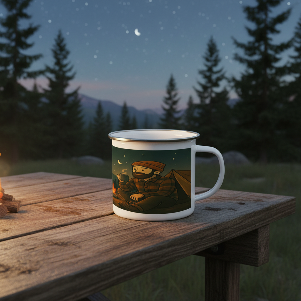 Enamel mug with a camping illustration on a wooden table in a forest at night.