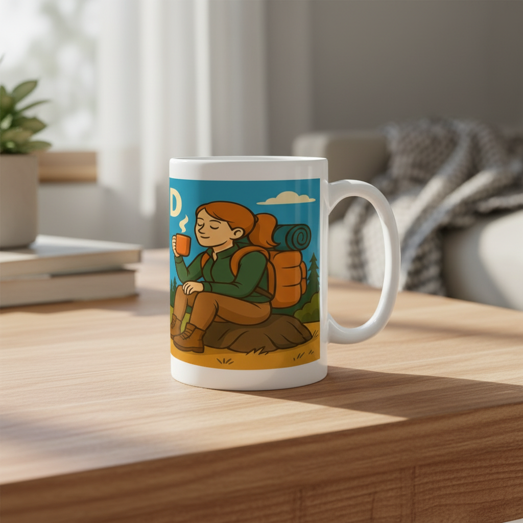 Mug with a design of a person sitting outdoors holding a cup, with a backpack and nature elements on a wooden surface.
