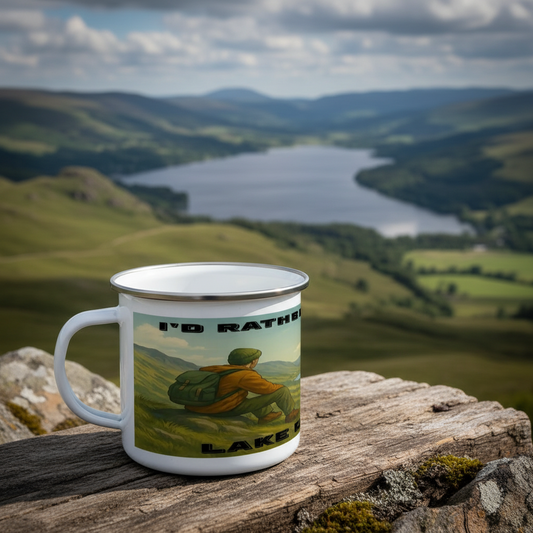 White enamel camping mug with Lake District landscape and hiker illustration, black rim.
