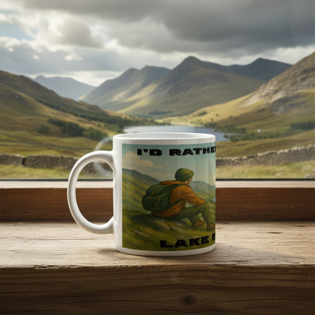 White ceramic 11oz mug with hiking man illustration and "I'd Rather Be In The Lake District" text.