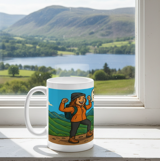 Mug with a design of a person in an orange jacket and hat on a scenic background, placed on a windowsill with a view of a lake and mountains.