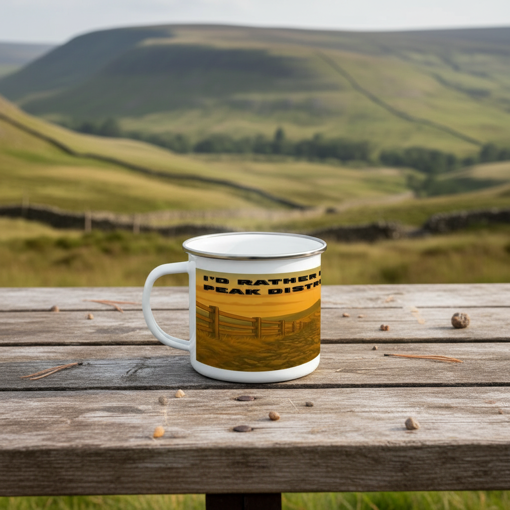 White enamel mug with black rim, featuring "I'd Rather Be in the Peak District" text over a scenic moorland design.