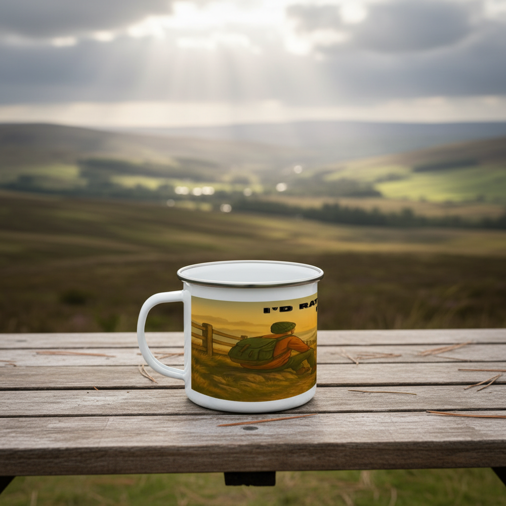 White enamel mug with black rim featuring a man sitting on a fence and text "I'd Rather Be in the Peak District".