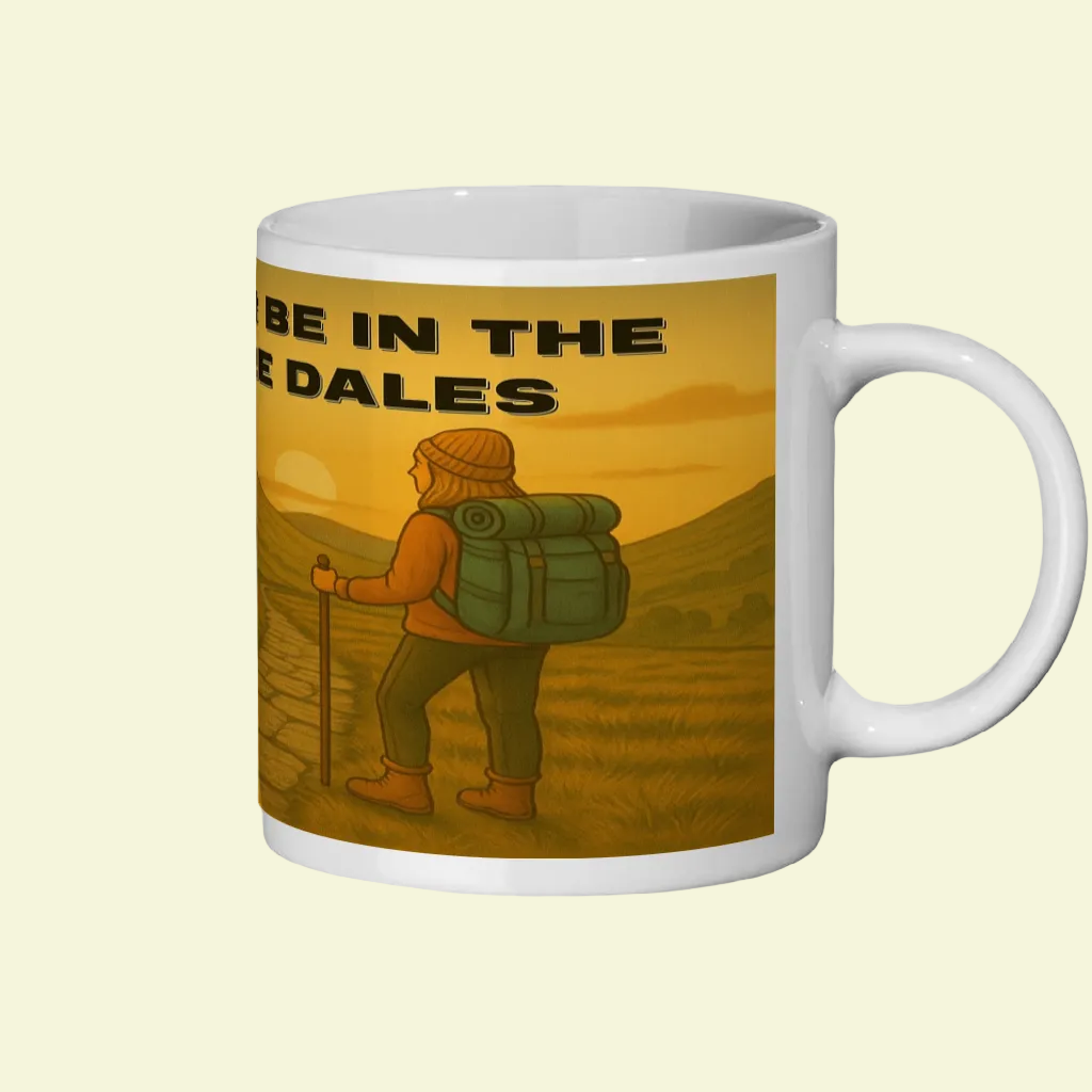 White ceramic mug with orange hiking scene and "I'd Rather Be in the Yorkshire Dales" text.
