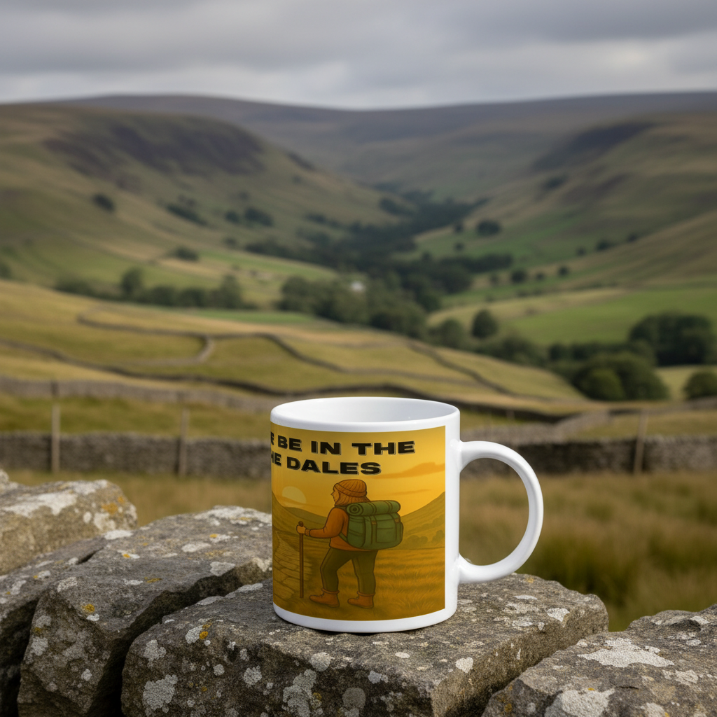 White ceramic mug with yellow hiking design and text "Rather Be in The Dales" on stone wall background in green valley.