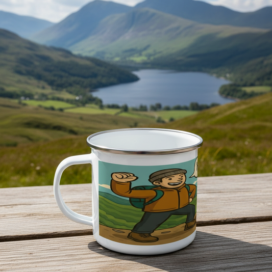 Camping mug with a scenic mountain and lake background