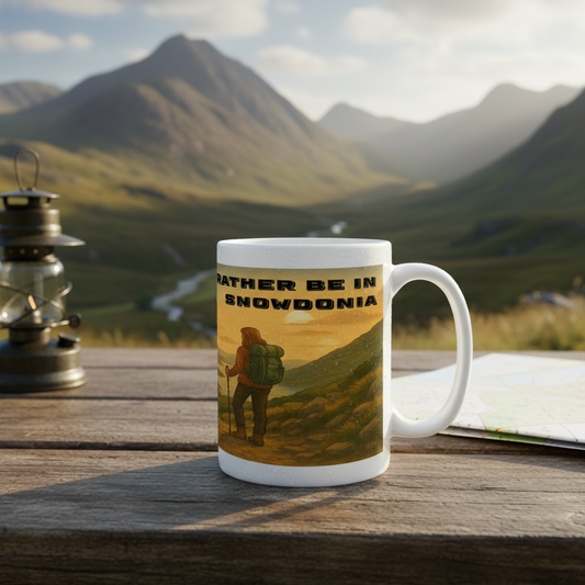 White ceramic mug with "I'd Rather Be in Snowdonia" text and hiking graphic, 15oz size.