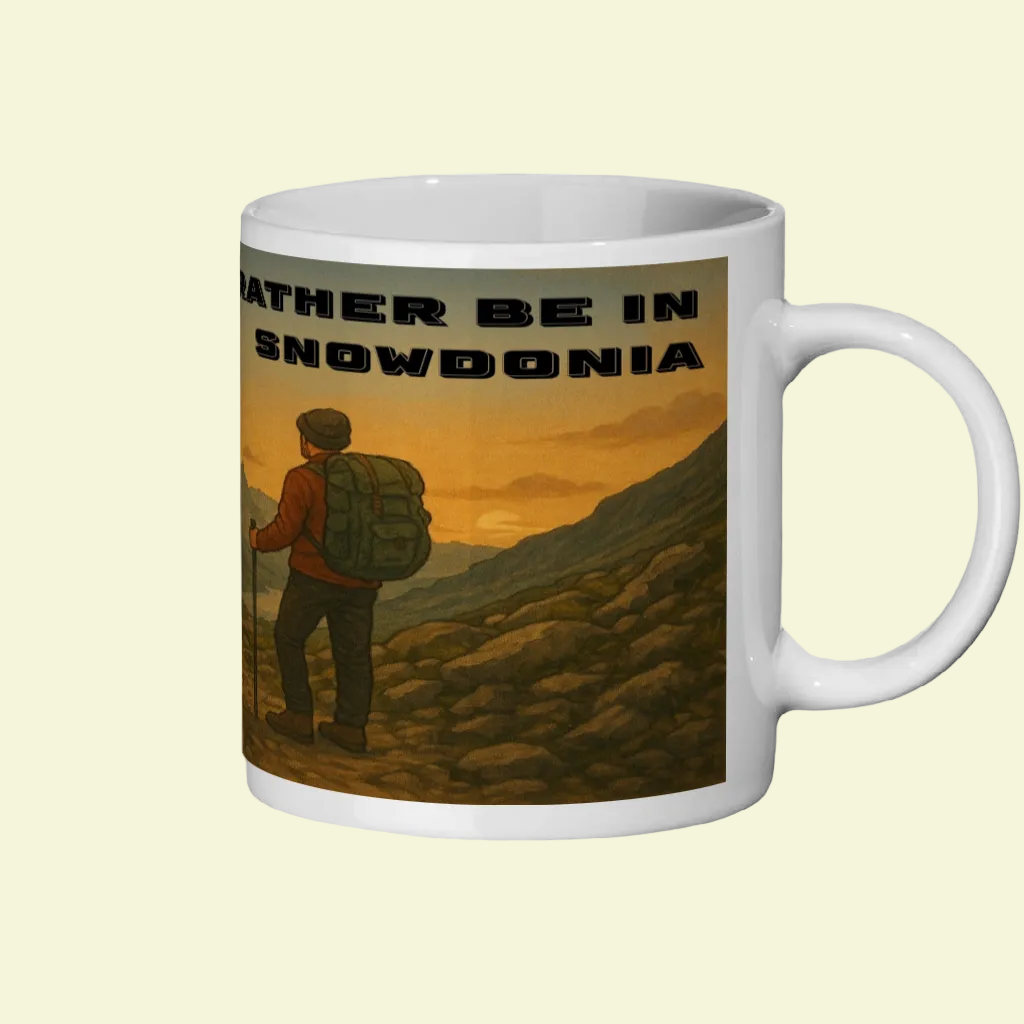 White ceramic mug with hiker and sunset mountain scene, text "Rather Be In Snowdonia".