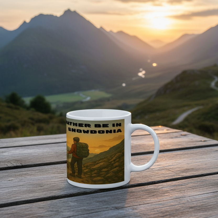 White ceramic 11oz mug with hiking-themed "I'd Rather Be in Snowdonia" design, outdoors on wooden table at sunset.