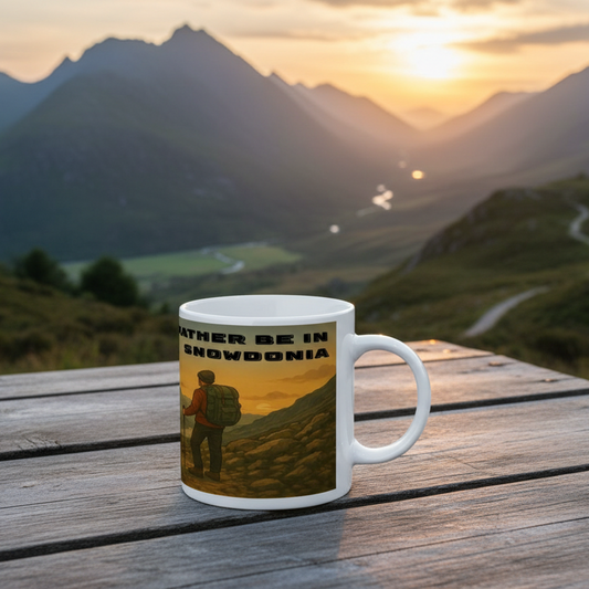 White ceramic 11oz mug with hiking-themed "I'd Rather Be in Snowdonia" design, outdoors on wooden table at sunset.