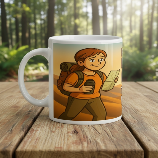 Mug with a design of a person with a backpack and map on a wooden surface.