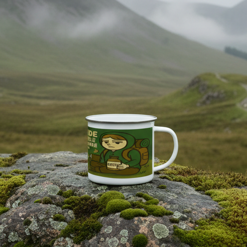 Camping scene with a mug on a table, tent, and fire in the background