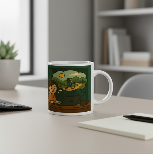 Mug with a design of a child using a laptop in a garden on a desk.