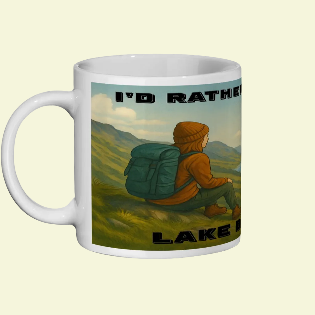 White ceramic mug with illustration of a person hiking in mountains and text "I'd Rather Be in the Lake District".