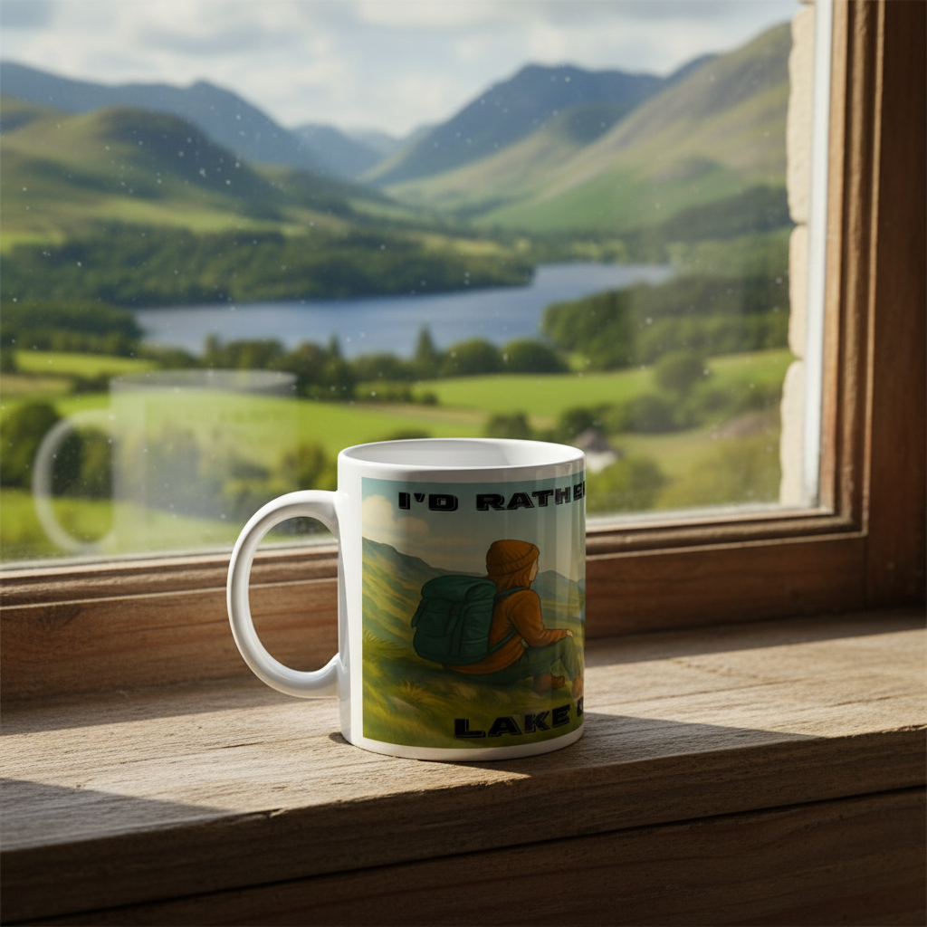 White ceramic mug with hiking illustration and text "I'd Rather Be in the Lake District" on wooden windowsill.