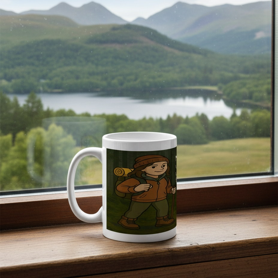 Mug with a character design on a windowsill with a scenic view of mountains and a lake.