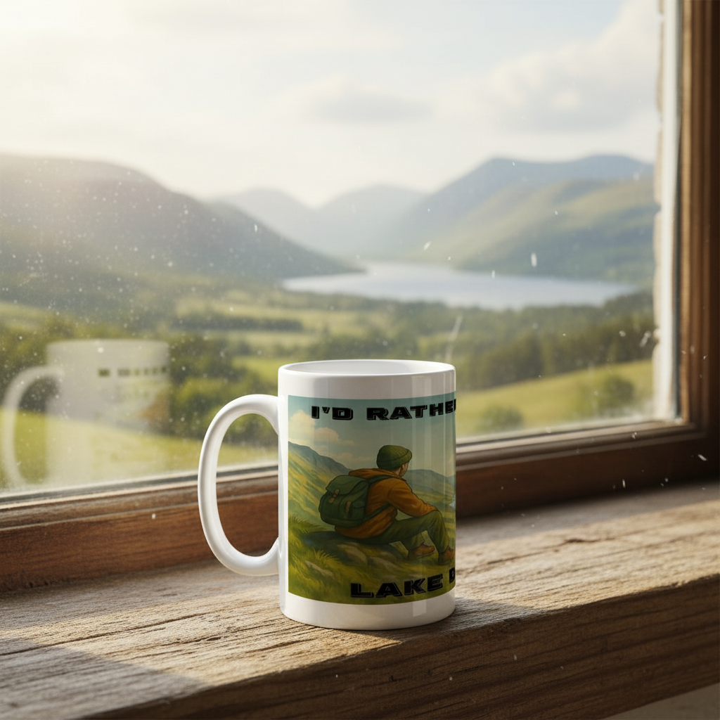White ceramic mug with hiking illustration and "I'd Rather Be in the Lake District" text by window.