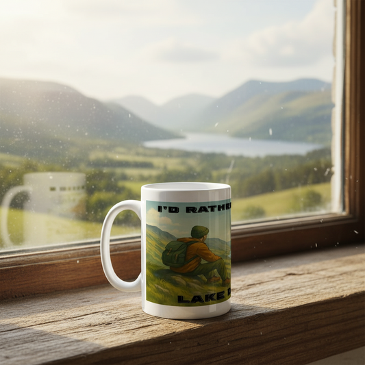 White ceramic mug with hiking illustration and "I'd Rather Be in the Lake District" text by window.