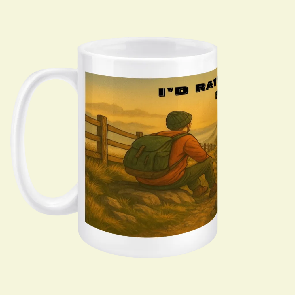 White ceramic mug with illustration of a hiker sitting on grass by a fence at sunset.