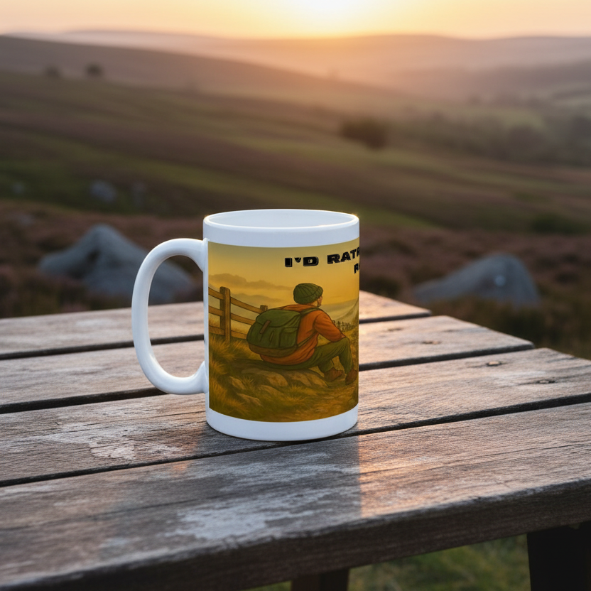 White ceramic mug with hiking-themed illustration and text, set on wooden picnic table at sunset.
