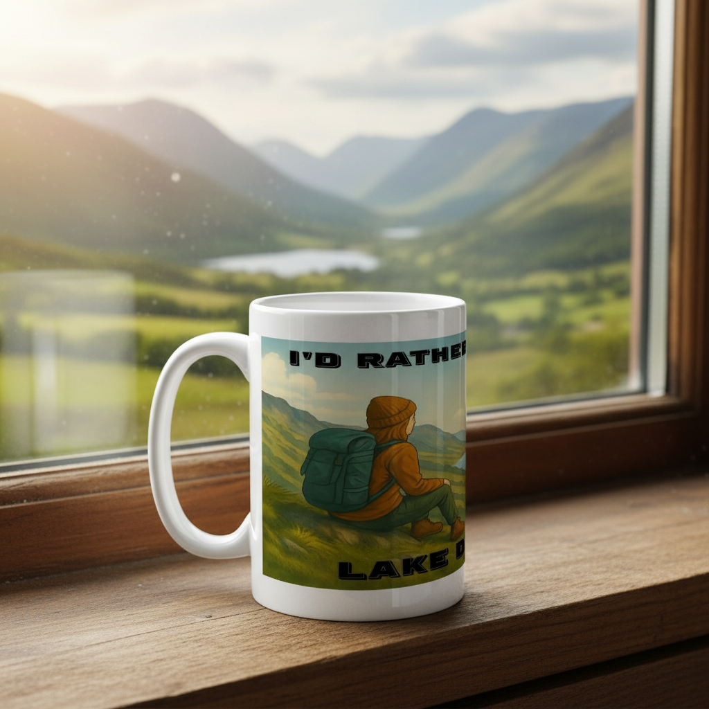 White ceramic mug with hiker graphic and text "I'd Rather Be in the Lake District" in black font.