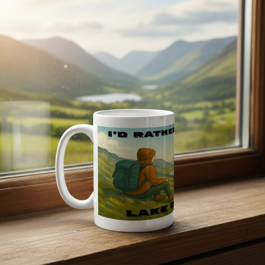 White ceramic mug with hiker graphic and text "I'd Rather Be in the Lake District" in black font.