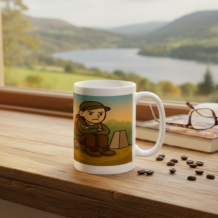 Mug with a cartoon design of a person sitting by a campfire on a wooden table in a cozy living room.