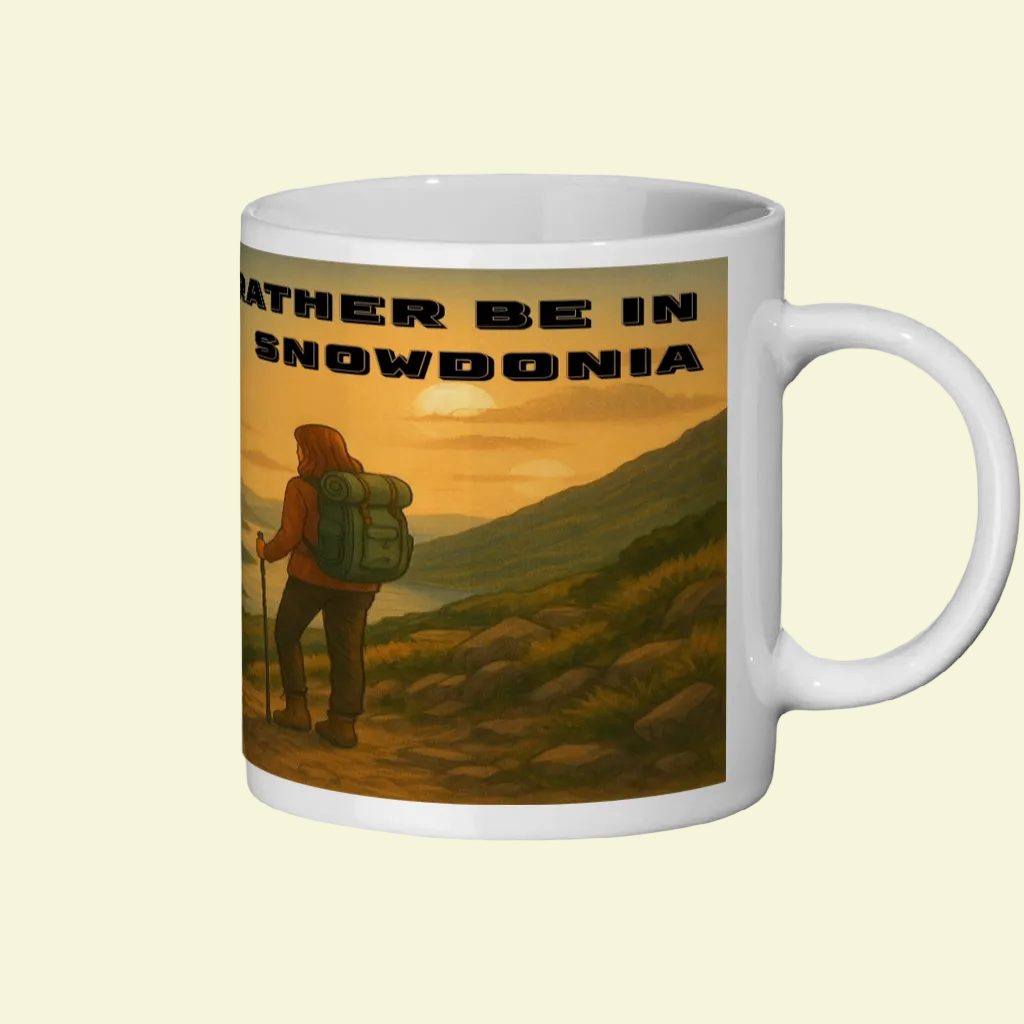 White ceramic mug featuring a hiker on a mountain trail with "I'd Rather Be in Snowdonia" text.