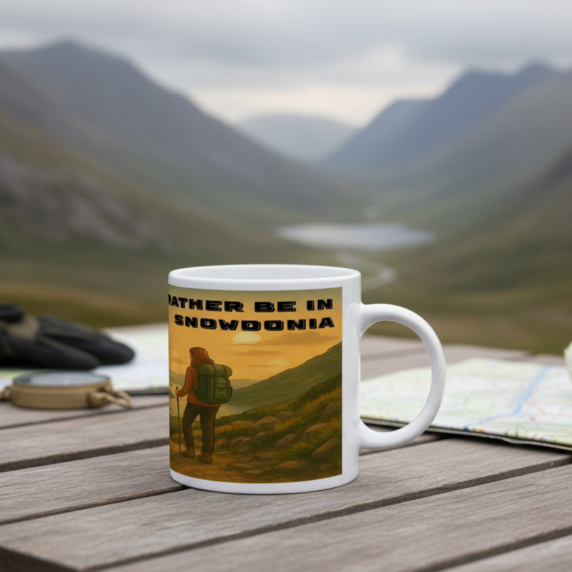 White ceramic mug with hiking illustration and "I'd Rather Be in Snowdonia" text on wooden table.