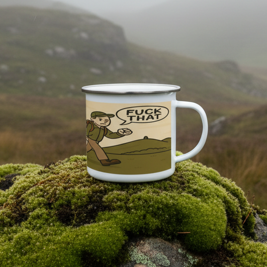 Mug with a graphic design on a wooden surface outdoors