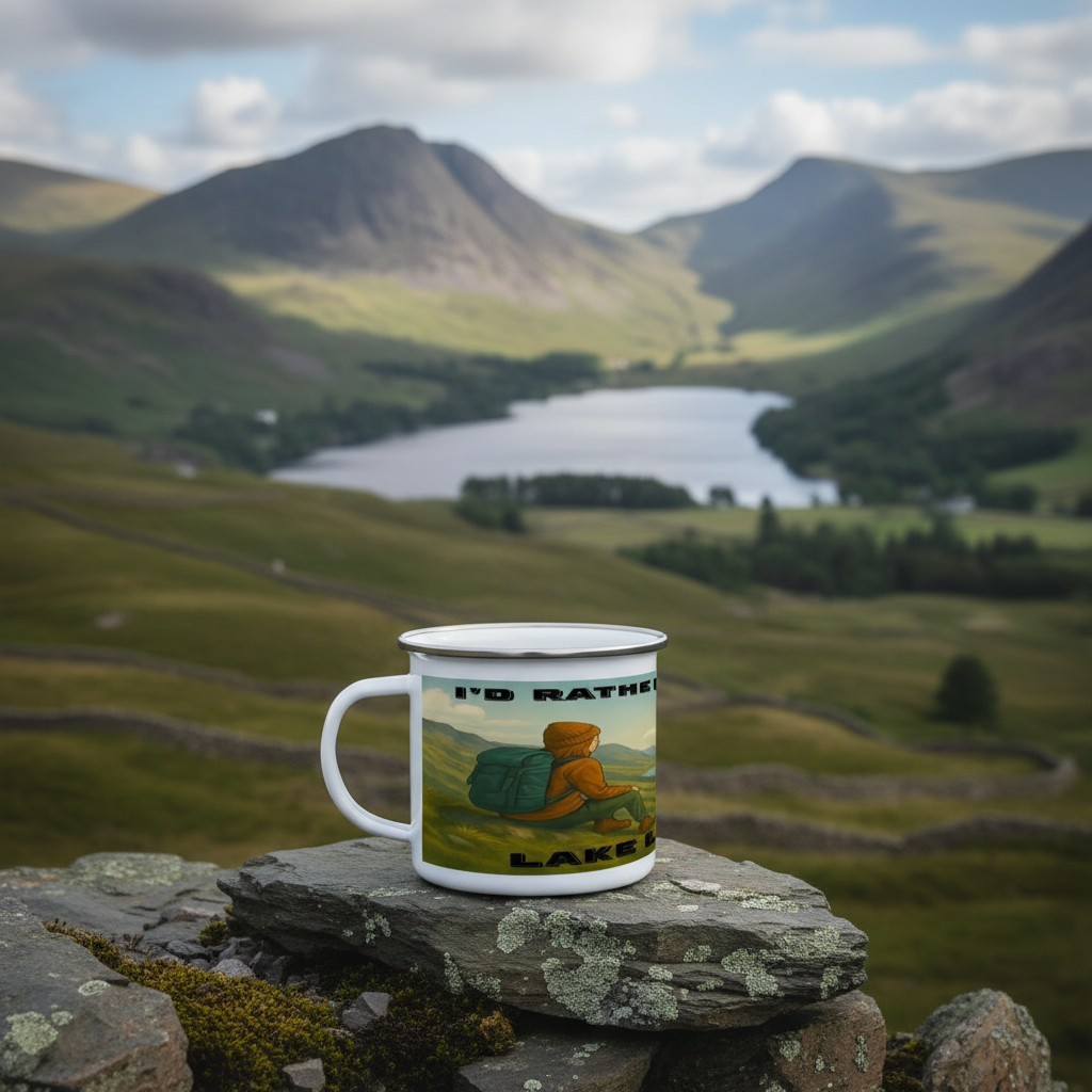 White enamel camping mug with green backpack and text "I'd Rather Be in the Lake District" on rocky surface, lake and.